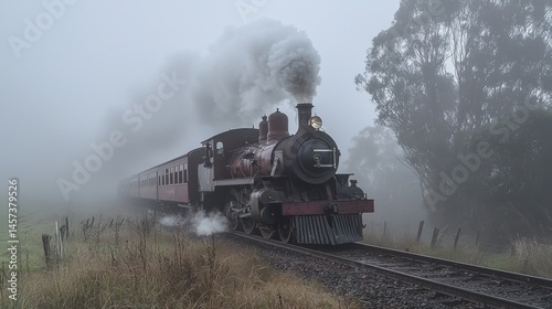 A vintage steam train chugs along railroad tracks shrouded in fog. The mist creates an ethereal atmosphere as the locomotive powers through the serene countryside