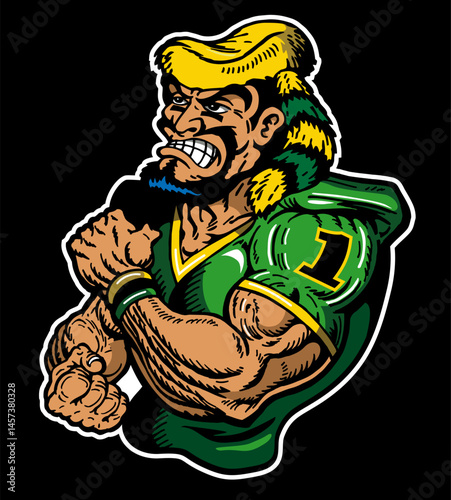 muscular pioneer mascot wearing football jersey for school, college or league sports