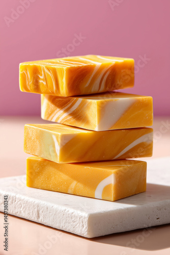 Slices of colby jack cheese with marbled yellow and white patterns arranged in a clean, minimalist style on white background. Concept of food photography, culinary arts, cheese production
