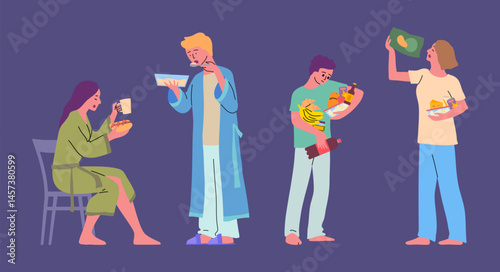 Cartoon Color Different Types Characters People and Night Snack Concept Flat Design Style. Vector illustration of Late Night Snacking