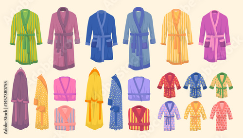 Cartoon Color Different Adult and Childrens Bathrobe Set on a Background Concept Flat Design Style. Vector illustration