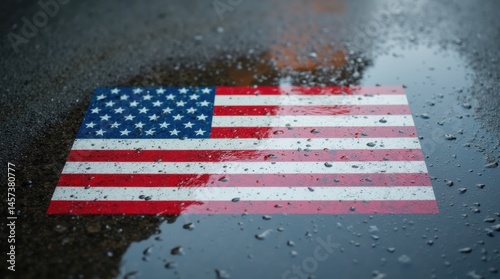 A flag’s reflection appears in a rain puddle on wet asphalt, subtle ripples, with large copy space for design or text.

