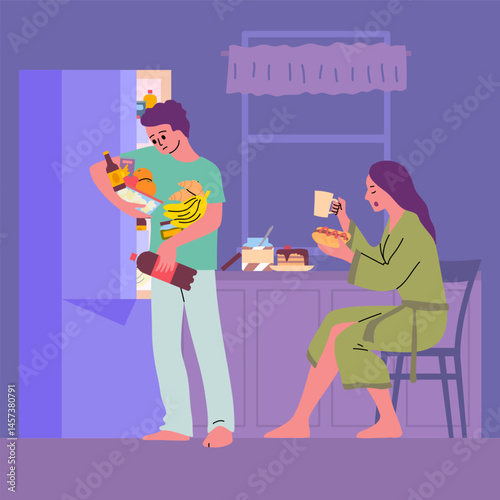 Cartoon Color Characters Couple at Table and Night Snack Concept Flat Design Style. Vector illustration of Late Night Snacking