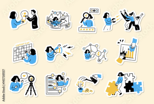 Cartoon Color Social Media Marketing Content Plan Concept Different Scenes Stickers Concept Set Flat Design Style. Vector illustration