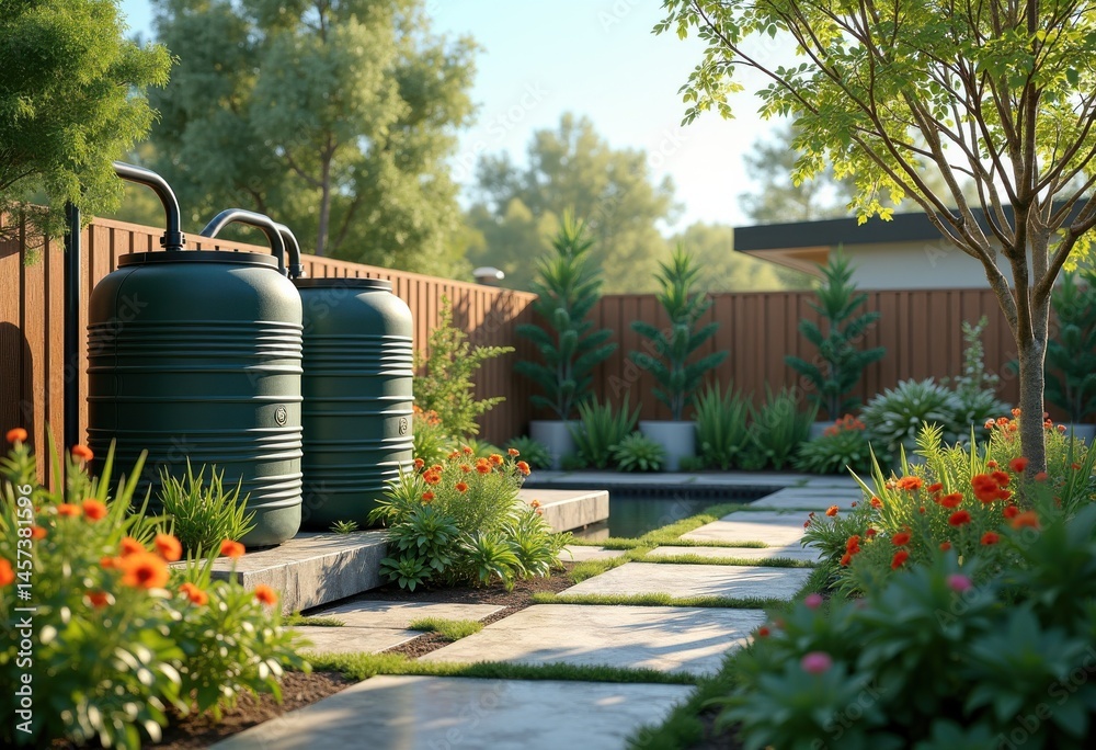 Naklejka premium innovative rainwater collection system backyard garden environmentally friendly storage solution sustainable home design, irrigation, landscape, harvesting, barrel