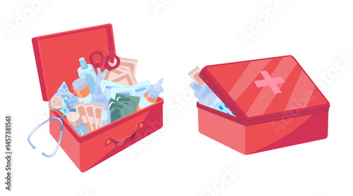 Cartoon Color Front and Back View Open First Aid Box Set. Vector illustration of Doctor Suitcase with Medical Supplies