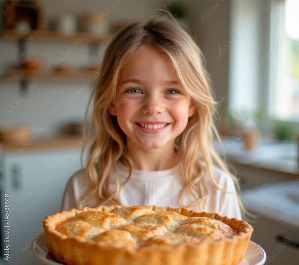 A girl holds a steaming apple pie, centered composition, bright kitchen background, with plenty of copy space for design needs.
A girl holds a steaming apple pie, centered composition, bright kitchen background, with plenty of copy space for design needs.