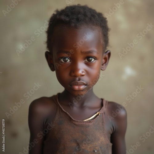 A malnourished African child centered in humanitarian documentary style, neutral background, with plenty of copy space for messaging.
