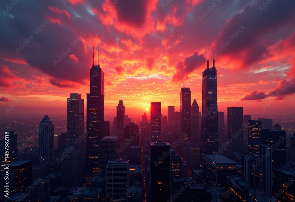 Fototapeta premium vibrant chicago skyline sunset silhouettes urban landscape rooftop evening colors, city, building, downtown, architecture, light, reflection, horizon