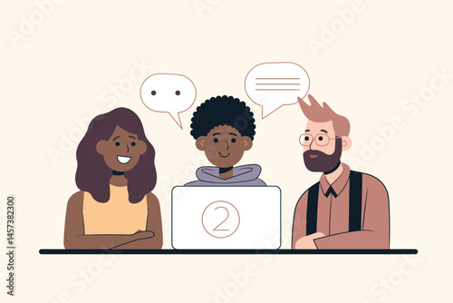 Digital Dialogue: A vibrant illustration showcasing three individuals engaged in a lively digital conversation, their faces reflecting collaborative discussion around a shared laptop screen.