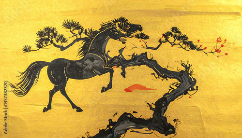 馬が描かれている金の和紙。午年。年賀状素材。壁紙。金色の背景。Gold washi paper with a horse on it. Year of the Horse. New Year's card material. Wallpaper. Gold background. photo