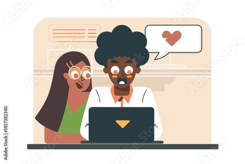 Digital Romance: Capturing the heartwarming moment of connection and shared love. A couple is immersed in a digital realm of affection, creating a story of modern love through technology.