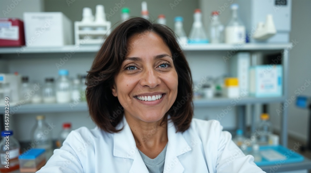 Middle-aged Hispanic woman smiling in a lab coat in a modern laboratory