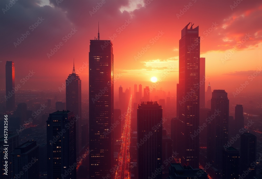 Fototapeta premium vibrant sunset urban skyline silhouettes dramatic colors twilight glow cityscape, dusk, reflection, horizon, landscape, clouds, building, architecture, glass