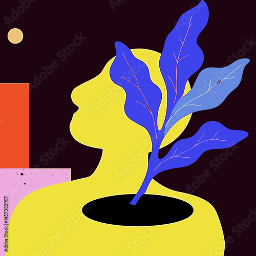 Nurturing the Mind's Garden: A visual exploration of mental growth, with a figure's head open to reveal a flourishing plant, symbolizing the blooming of ideas.