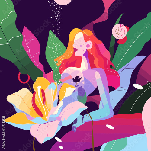 Floral Fantasy: A whimsical and vibrant illustration of a woman embracing nature amidst lush foliage and a blooming flower, evoking a sense of serenity and connection with the natural world.