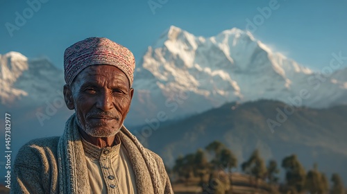 Portrait of Nepalese man with Himalayan mountains