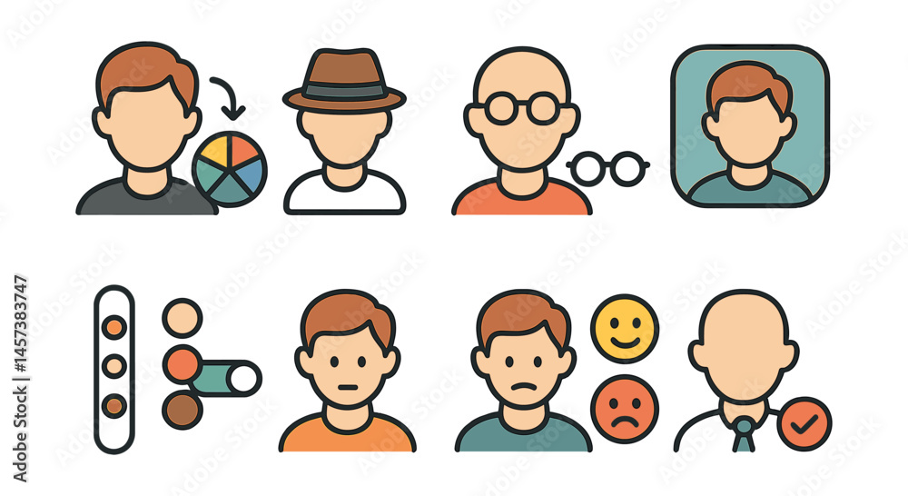 Fototapeta premium Avatar customization icons set – styles, accessories, expressions, hair, outfits. Vector icons set