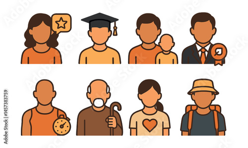 Community and roles icon set – mentor, graduate, parent, professional, athlete, senior, volunteer, traveler. Vector icons set