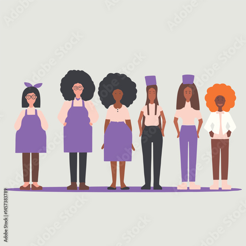 Diverse Female Ensemble: A striking artistic representation showcases a group of diverse women standing confidently. Each figure in this illustration is a symbol of individuality and empowerment. 