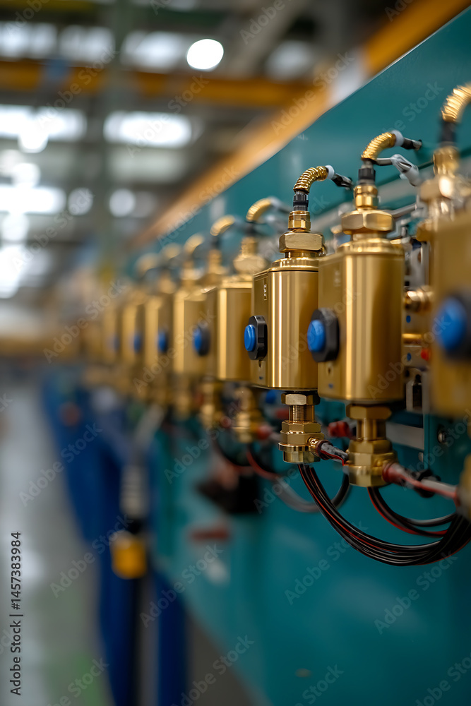 Naklejka premium Automated System Valves. A macro shot showcasing the precise and intricate engineering of an industrial control system, highlighting its components.