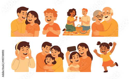 Joyful life moments icons set – family, friends, happiness, celebration, togetherness, laughter, embracing. Vector icons set