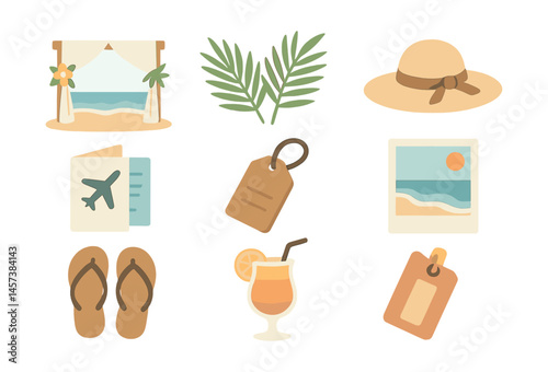 Destination wedding essentials icons set – beach, travel, tags, hat, flip-flops, palm, cocktail. Vector icons set