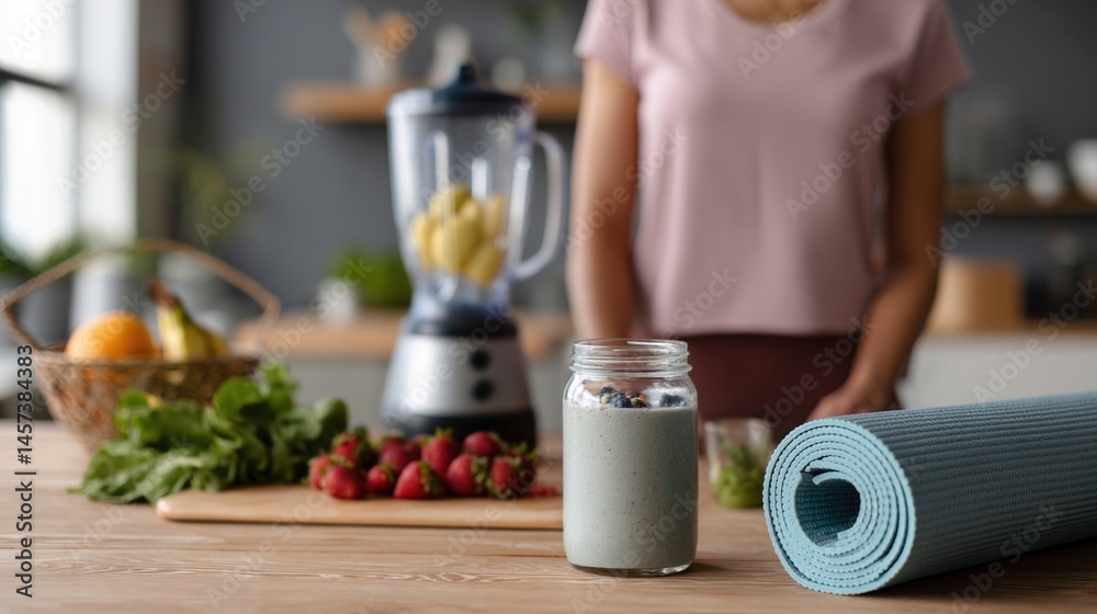 A home kitchen with a person preparing a postworkout smoothie blending fresh fruits and greens while a yoga mat lies rolled up on the floor nearby.