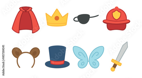 Dress-up play icons set – crown, cape, firefighter hat, eye mask, bear ears, top hat, wings, sword. Vector icons set