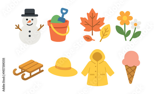 Seasonal icons set – snowman, sandcastle, autumn leaf, flower, sled, sun hat, raincoat, ice cream cone. Vector icons set