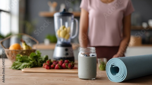 Obraz na płótnie A home kitchen with a person preparing a postworkout smoothie blending fresh fruits and greens while a yoga mat lies rolled up on the floor nearby. w salonie