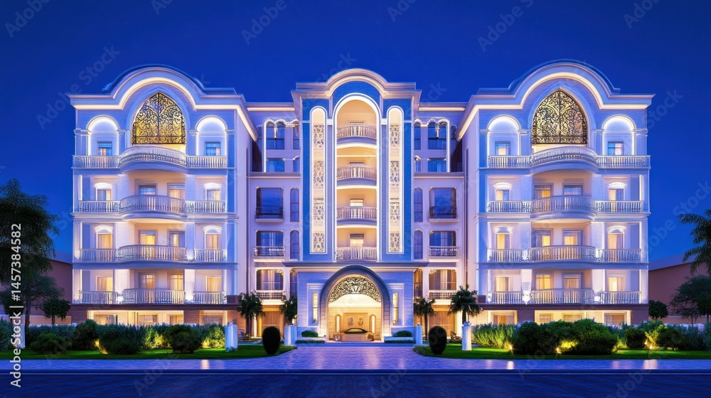 Fototapeta premium Elegant multi story building night exterior architectural design