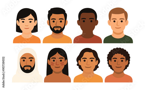 Diverse faces icons set – male, female, ethnic, young, adult, hijab, afro, asian, beard, curly. Vector icons set