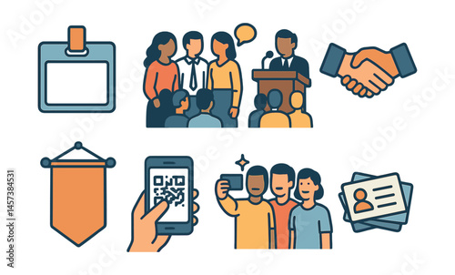 Networking event icons set – badge, group, speaker, handshake, banner, qr code, selfie, cards. Vector icons set