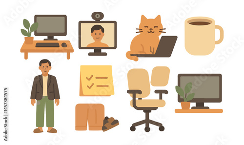 Remote work essentials icons set – computer, webcam, cat, coffee, employee, checklist, chair, desk. Vector icons set
