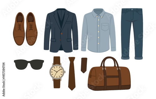 Men's fashion essentials icons set – suit, shirt, shoes, bag, watch, tie, glasses. Vector icons set