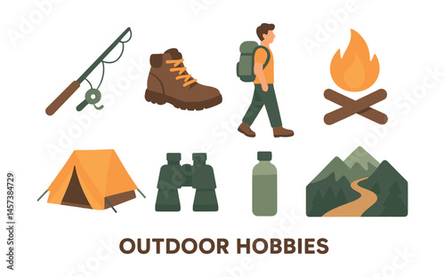 Outdoor adventure icons set – hiking, camping, fishing, backpack, fire, tent, mountains, boots, binoculars. Vector icons set
