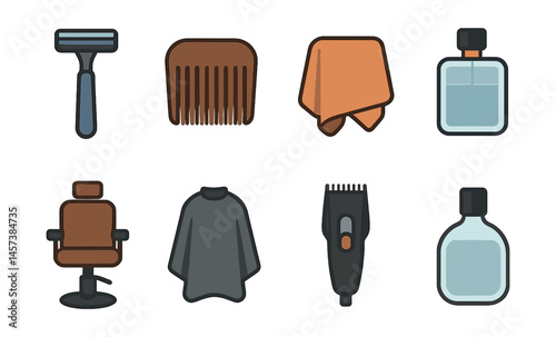 Men's grooming essentials icons set – razor, comb, towel, cologne, barber, clipper. Vector icons set