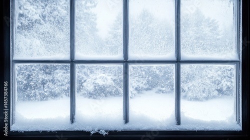 Frosted window with snowy landscape view