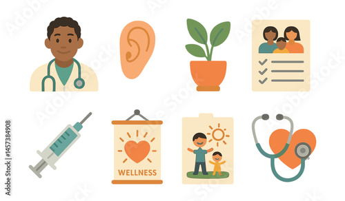 Healthcare and wellness icons set – doctor, ear, plant, vaccine, family, wellness, stethoscope. Vector icons set