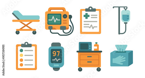 Emergency room essentials icons set – stretcher, monitor, iv, clipboard, vital signs. Vector icons set