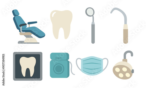 Dental tools icons set – tooth, chair, mirror, floss, mask, lamp, probe. Vector icons set