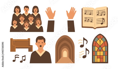Choir performance icons set – singers, conductor, sheet music, notes, stained glass. Vector icons set