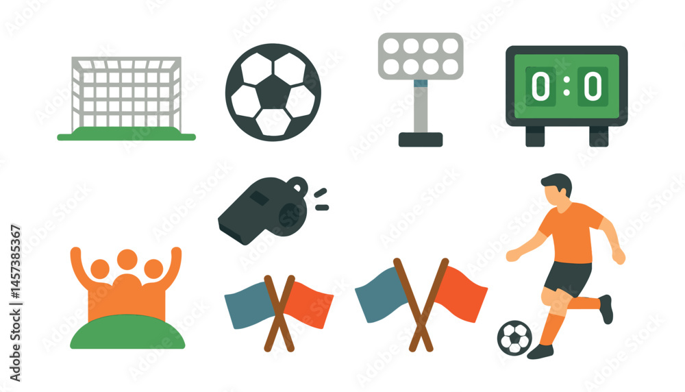 Football match elements icons set – goal, ball, referee, player, fans, flags, scoreboard. Vector icons set Football match elements icons set – goal, ball, referee, player, fans, flags, scoreboard. Vector icons set