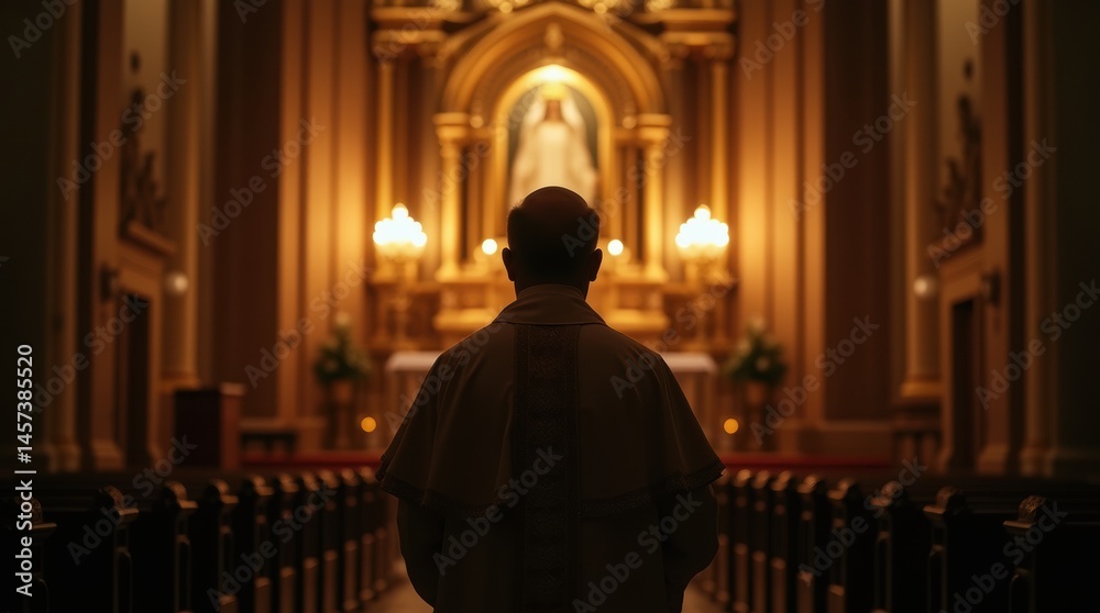 A rear view of a solitary Catholic clergyman facing the altar in a majestic church, symbolizing reverence and papal election.
A rear view of a solitary Catholic clergyman facing the altar in a majestic church, symbolizing reverence and papal election.