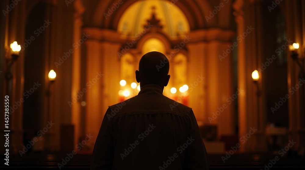 Naklejka premium A rear view of a solitary Catholic clergyman facing the altar in a majestic church, symbolizing reverence and papal election. 