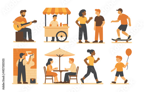 Urban street vibes icons set – musician, vendor, conversation, skateboard, painter, café, jogging, balloon. Vector icons set