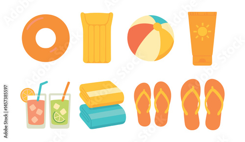Pool party essentials icons set – inflatable, beach ball, towel, flip flops, sunscreen, drink. Vector icons set