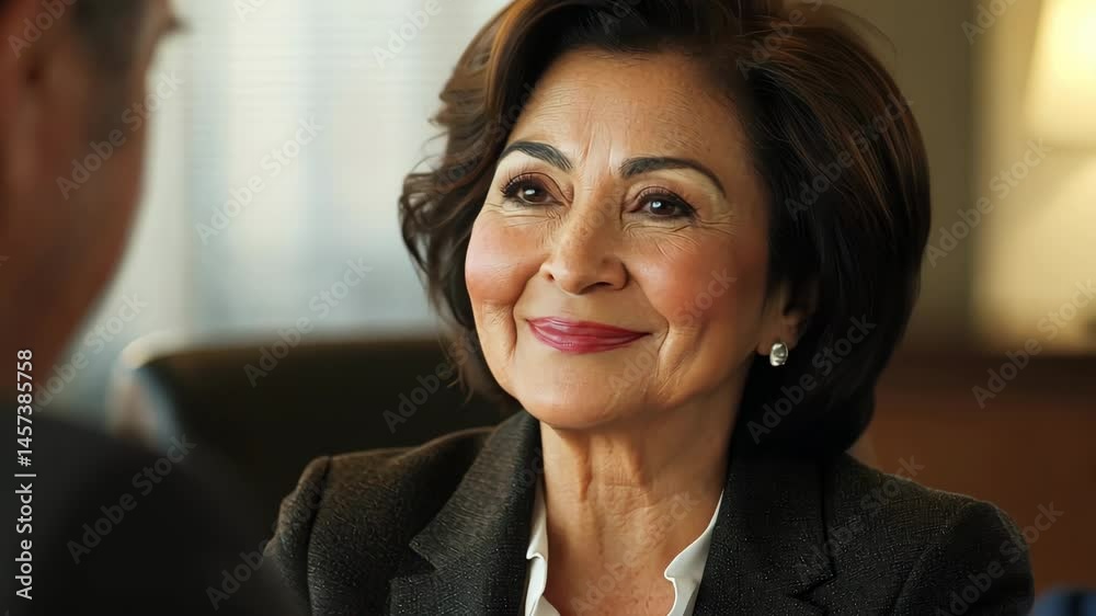 A woman in a suit is smiling at the camera. She is wearing a black jacket and a white shirt A woman in a suit is smiling at the camera. She is wearing a black jacket and a white shirt