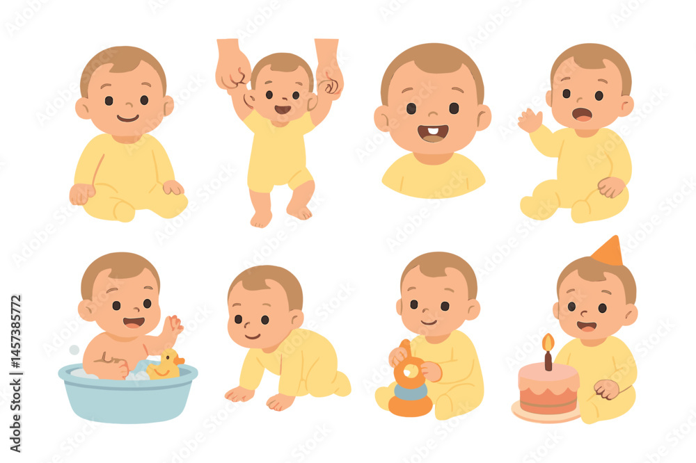 Baby's first milestones icon set – sitting, crawling, first steps, bath, playing, cake, clapping. Vector icons set Baby's first milestones icon set – sitting, crawling, first steps, bath, playing, cake, clapping. Vector icons set